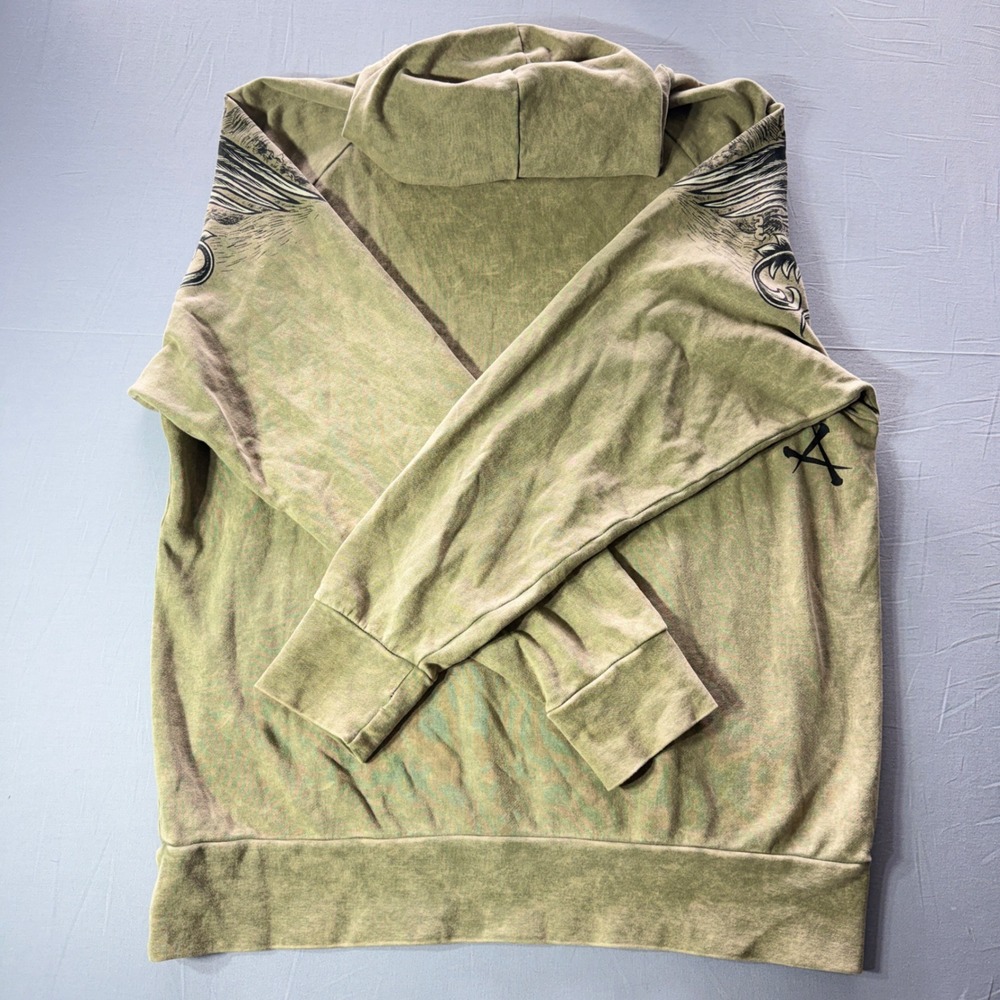 Affliction Live Fast Mens Hoodie Green Acid Wash Skulls Cross Graphic Large - Picture 6 of 6